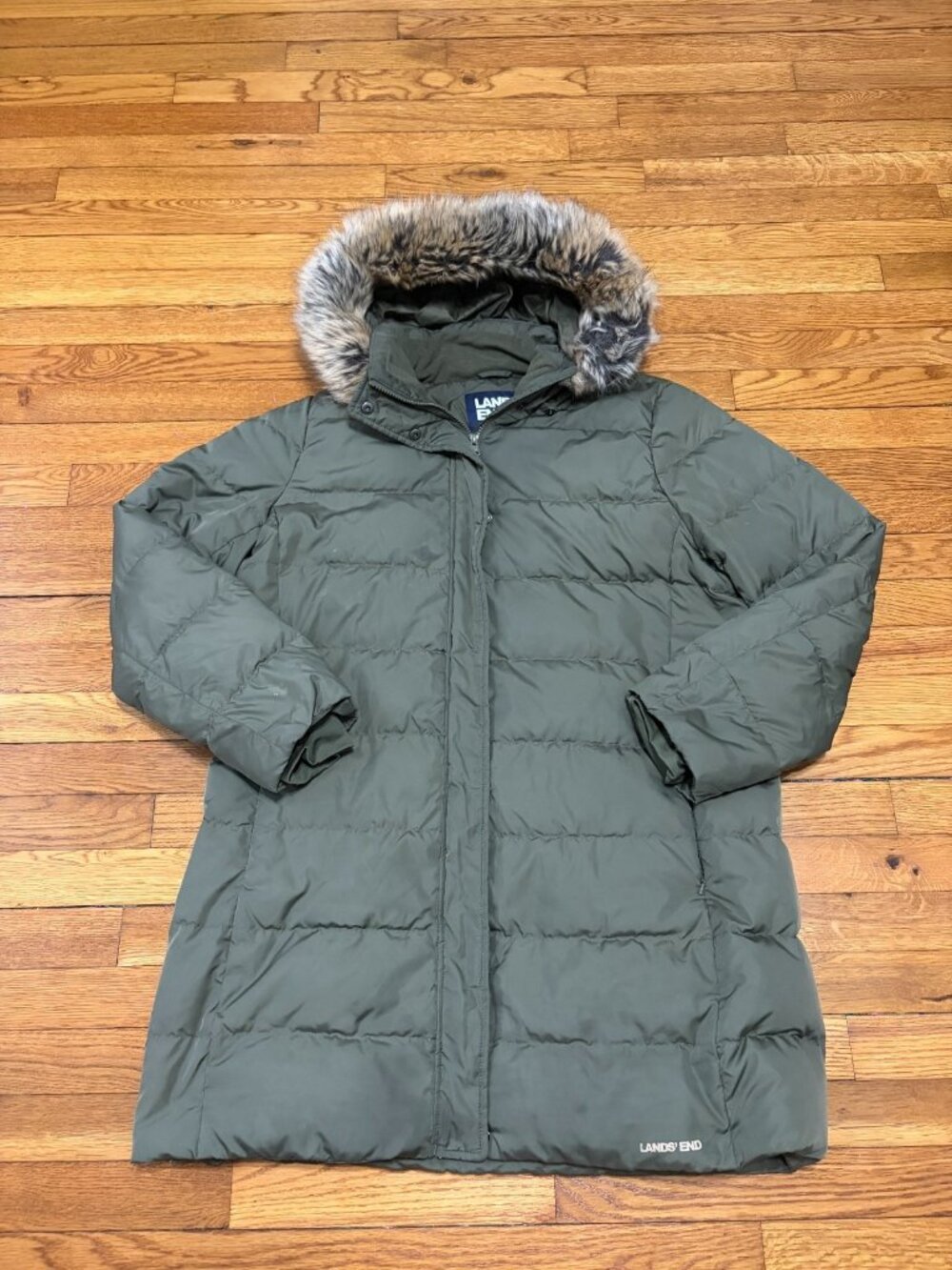 Lands' End Women's Down Puffer Coat Faux Fur Trim Hooded Zip Up Sz XL (18) Green